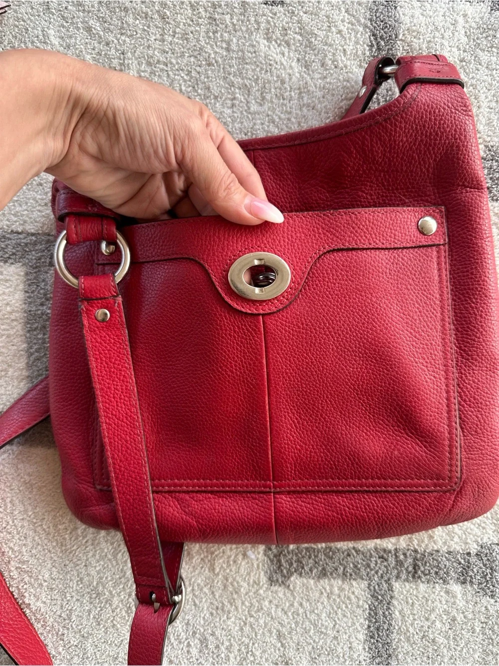 Coach Red Pebbled Leather Shoulder Bag with Turnlock Pocket